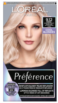 L'Oréal Préférence 9.12 Siberia, luminous cool blond farba do włosów z maską anti-brass, widok z przodu.