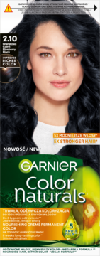Garnier Color Naturals 2.10 Blueberry Black farba do włosów, na opakowaniu kobieta z czarnymi, lśniącymi włosami.