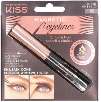 KISS Magnetic Eyeliner w czarnym opakowaniu z różowozłotymi akcentami, widok z przodu z tubką, instrukcja aplikacji.