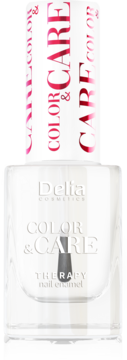 Delia Cosmetics Color&Care, terapia do paznokci, przezroczysta butelka z białym lakierem, widok z przodu.