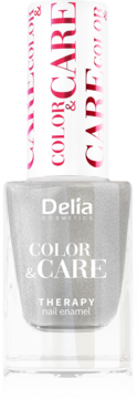 Srebrny metaliczny lakier do paznokci Delia Color & Care Therapy, butelka z białym wieczkiem, widok z przodu.