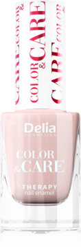 Delia Cosmetics Color&Care Therapy, jasnoróżowy lakier do paznokci. Szklana butelka z białym korkiem i czerwonym napisem, widok z przodu.