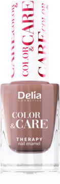 Nude lakier Delia Cosmetics Color & Care Therapy w szklanej butelce, z czerwonym napisem na białej zakrętce.