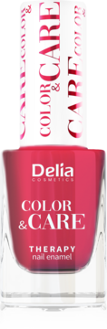 Intensywnie różowy, wzmacniający lakier Delia Color&Care Therapy w szklanej butelce, widok z przodu.