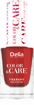 Czerwony lakier do paznokci Delia Cosmetics Color&Care Therapy w szklanej butelce z białą nakrętką, widok z przodu.