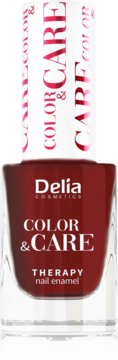Ciemnoczerwony lakier Delia Cosmetics Color & Care Therapy do paznokci w przezroczystej butelce, widok z przodu.