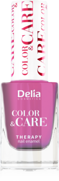 Różowy lakier do paznokci Delia Color&Care Therapy w szklanej butelce, widok z przodu, biały korek.