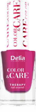 Fuksjowy lakier Delia Cosmetics Color&Care Therapy, w przezroczystej butelce z białym korkiem i logo.