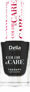 Delia Cosmetics Color & Care Therapy czarny lakier do paznokci, w przezroczystej butelce, biała nakrętka, widok z przodu.