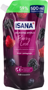 Isana delikatne mydło Berry Love w ciemnej saszetce, 500 ml, z motywem owoców leśnych i informacją o mniejszej ilości plastiku.