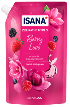 Różowy doypack mydła Isana Berry Love z grafiką owoców leśnych i kwiatów, widok z przodu.