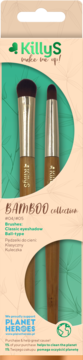 KillyS Bamboo Collection: 2 wegańskie pędzle do cieni z bambusowymi rączkami w beżowym opakowaniu z zielonym wzorem.