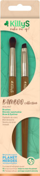 Pędzle KillyS Bamboo w opakowaniu: pędzel do blendowania cieni i pędzel do brwi/eyelinera, na zielonym tle.