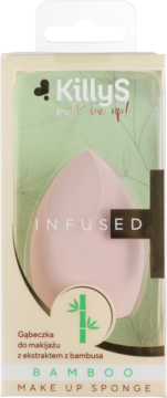 KillyS Bamboo Make Up Sponge, różowa, INFUSED, w przezroczystym opakowaniu z zielonym tłem i bambusem.