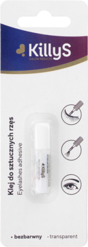 Killys Klej do sztucznych rzęs w białym blisterze, przezroczysta butelka z pędzelkiem, ikony aplikacji, widok z przodu.