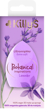 Killys Botanical Inspirations Lavender, extra miękka, fioletowa gąbeczka 3D do makijażu, widok na opakowaniu z lawendą.