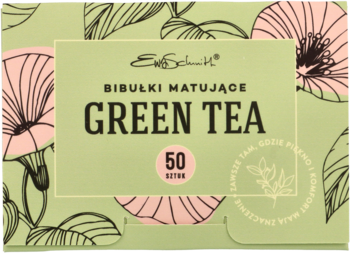 Bibułki matujące Ewa Schmitt Green Tea 50 sztuk w jasnozielonym pudełku z różowo-czarnymi kwiatami, widok z przodu.