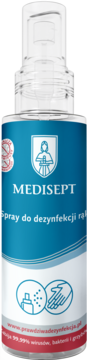 Medisept Spray do dezynfekcji rąk 99.99%, niebieska butelka z białym logo i etykietą, widok z przodu.