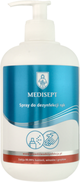 MEDISEPT Spray do dezynfekcji rąk w białej butelce z pompką, niebieska etykieta i ikony, widok z przodu.