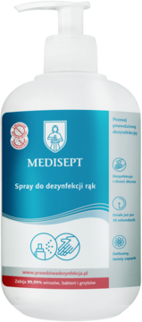 MEDISEPT spray do dezynfekcji rąk w białej butelce z pompką, na niebieskiej etykiecie ikony dłoni, widok z przodu.