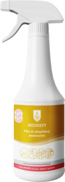 Biała butelka MEDISEPT Płyn do dezynfekcji powierzchni ze spryskiwaczem, żółto-czerwona etykieta, widok z przodu.