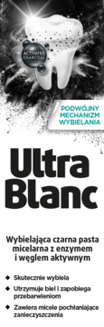 Pionowe opakowanie Ultra Blanc, czarna pasta wybielająca z aktywnym węglem, zębem i hasłem "Podwójny mechanizm".