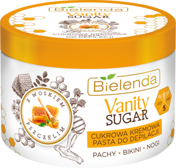 Bielenda Vanity Sugar pasta do depilacji z woskiem pszczelim, biały słoik z pomarańczową nakrętką, widok z przodu.