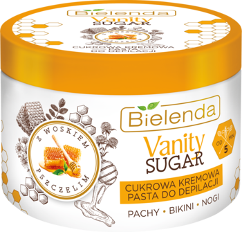 Bielenda Vanity Sugar pasta do depilacji z woskiem pszczelim, biały słoik z pomarańczową nakrętką, widok z przodu.