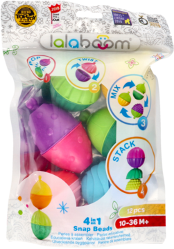 Lalaboom 4w1 Snap Beads, 12 elementów w przezroczystej torbie. Kolorowe kulko-klocki: różowe, zielone, żółte. Widok z przodu.