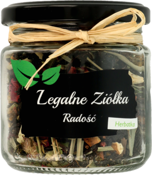 Szklany słoik herbatki ziołowej Legalne Ziółka Radość, z czarną nakrętką i beżową wstążką, widok z przodu.