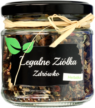 Szklany słoiczek "Legalne Ziółka Zdrówko", mieszanka ziół w widoku z przodu, z czarną etykietą i wstążką.