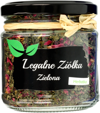 Szklany słoiczek herbatki Legalne Ziółka Zielona, suszone zielone zioła z różowymi płatkami, widok z przodu.