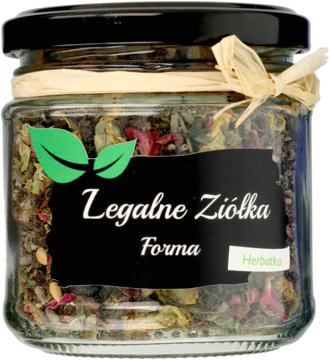 Szklany słoik Legalne Ziółka Forma, mieszanka zielonych i bordowych suszonych ziół, czarna etykieta, widok z przodu.