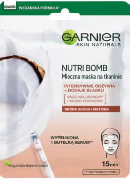 Biało-beżowe opakowanie Garnier Nutri Bomb Mleczna maska na tkaninie, intensywnie odżywcza dla suchej skóry.