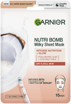 Garnier Nutri Bomb Milky Sheet Mask, biała saszetka z mleczkiem kokosowym, HA, dla suchej skóry, widok z przodu.