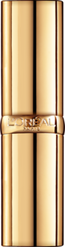 Lśniąca złota pomadka L'Oréal Color Riche, widok z przodu, z wytłoczonym logo L'OREAL PARIS na środku opakowania.