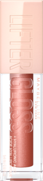Maybelline Lifter Gloss z kwasem hialuronowym, rose-gold shimmer, w przezroczystej tubce z brzoskwiniową zakrętką.
