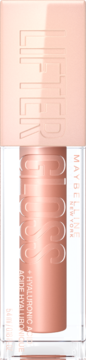 Maybelline Lifter Gloss, beżowo-różowy błyszczyk z kwasem hialuronowym w przezroczystej butelce, widok z przodu.