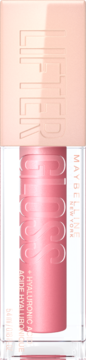 Różowy błyszczyk Maybelline Lifter Gloss z kwasem hialuronowym w przezroczystej tubce, widok z przodu.