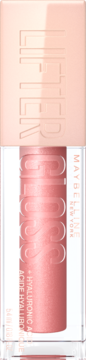 Maybelline Lifter Gloss, peachy-pink lip gloss with hyaluronic acid in clear tube, beige cap, front view.