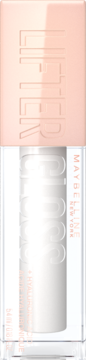 Maybelline Lifter Gloss, przezroczysty błyszczyk z kwasem hialuronowym na białym tle, widok z przodu.