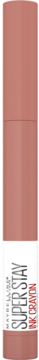 Matowa pomadka Maybelline SuperStay Ink Crayon w kolorze różowego nude, stojąca pionowo z widocznym logo.