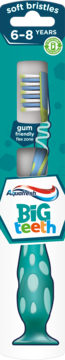 Aquafresh Big Teeth toothbrush for 6-8 years, soft mixed bristles, gum-friendly, teal handle with suction base.