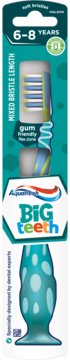 Aquafresh Big Teeth szczoteczka dla 6-8 lat w opakowaniu; turkusowa z kropkami, miękkie włosie, elastyczna szyjka.