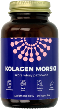 Ciemna butelka Kolagen Morski 60 kapsułek na skórę, włosy i paznokcie, niebieska etykieta, widok z przodu.