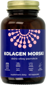 Ciemna butelka Kolagen Morski 60 kapsułek na skórę, włosy i paznokcie, niebieska etykieta, widok z przodu.