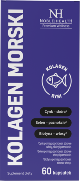 Granatowe opakowanie Noble Health Premium Wellness Kolagen Morski. Zawiera Kolagen Rybi, 60 kapsułek na włosy, skórę i paznokcie.
