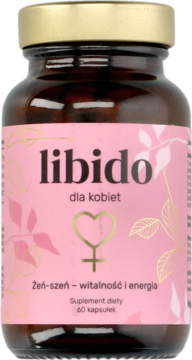 Brązowa butelka suplementu Libido dla kobiet z żeń-szeniem, różowa etykieta, widok z przodu.