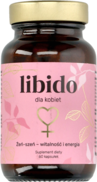 Brązowa butelka suplementu Libido dla kobiet z żeń-szeniem, różowa etykieta, widok z przodu.