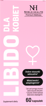 Różowe pudełko suplementu diety Noble Health Libido dla Kobiet, widok z przodu, z symbolem żeńskim i sercem, 60 kaps.